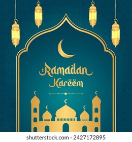 Islamische Grüße Ramadan Kareem Hintergrunddesign mit goldenem Rahmen, Moschee und Laternen. Ramadan-Template-Poster für Social Media-Beitrag