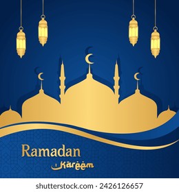 Saludos islámicos Ramadan Kareem diseño de fondo azul con mezquita y linternas. Plantilla cuadrada de Ramadán vector de cartel