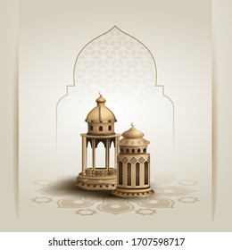 islamic greetings ramadan kareem card design with beautiful golden lanterns