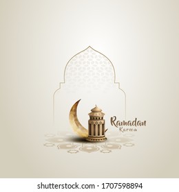 islamic greetings ramadan kareem card design with beautiful golden lantern and crescent moon