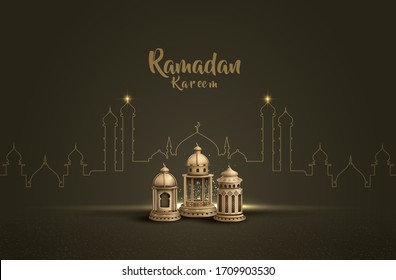 Islamic Greetings Ramadan Kareem Card Design Background With Beautiful Lanterns