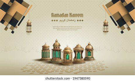islamic greetings ramadan kareem card design with beautiful lanterns and ornament