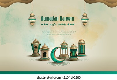 Islamic greetings ramadan kareem card design with beautiful crescent and lanterns