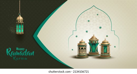 Islamic Greetings Ramadan Kareem Card Design With Beautiful Lanterns