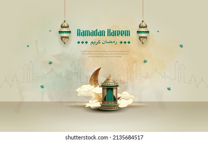 islamic greetings ramadan kareem card design background with beautiful crescent and lantern