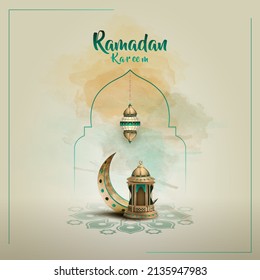 islamic greetings ramadan kareem card design with beautiful lantern and crescent