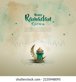 islamic greetings ramadan kareem card design with crescent moon and lantern