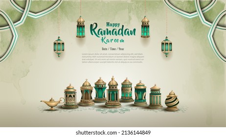 islamic greetings ramadan kareem card design with beautiful lanterns