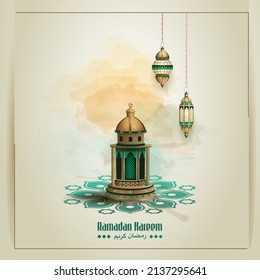 islamic greetings ramadan kareem card design template background with beautiful lanterns