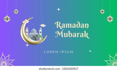 islamic greetings ramadan kareem card design template background with beautiful lanterns and crescent, and gradient background
