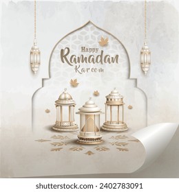 islamic greetings ramadan kareem card design with lanterns