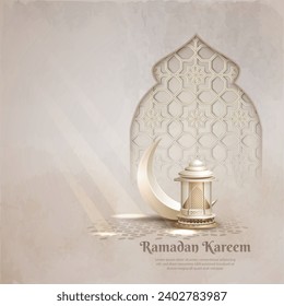 islamic greetings ramadan kareem card design with crescent moon and lantern