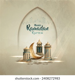 saludos islámicos diseño de tarjetas ramadan kareem con linternas y luna creciente