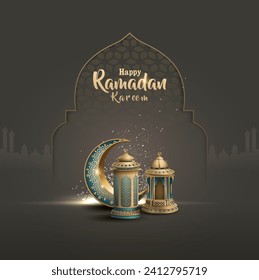 islamic greetings ramadan kareem card design with crescent and lanterns