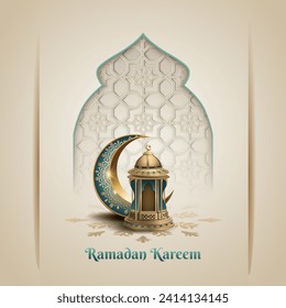 islamic greetings ramadan kareem card design with crescent moon and lantern