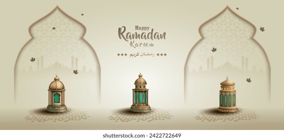 islamic greetings ramadan kareem card design background with lanterns