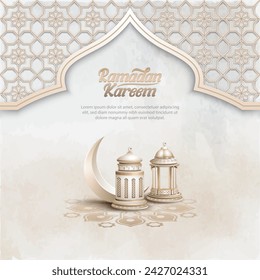 islamic greetings ramadan kareem card design with crescent and lanterns
