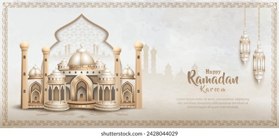 islamic greetings ramadan kareem card design with beautiful mosque and lanterns