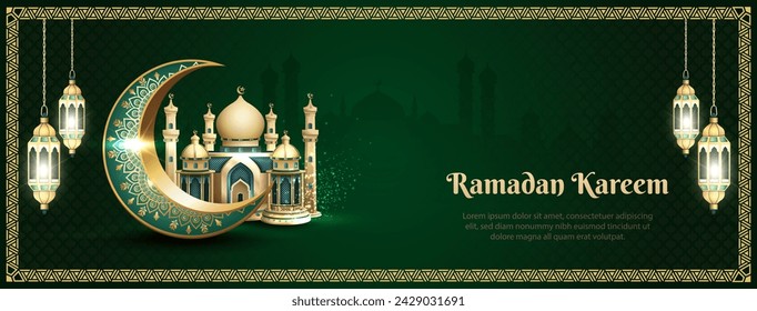 islamic greetings ramadan kareem card design with beautiful mosque, lanterns, crescent
