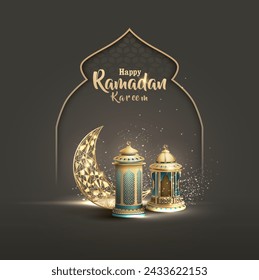 islamic greetings ramadan kareem card design with beautiful lanterns and crescent moon