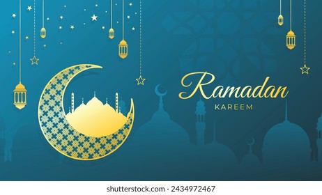 Islamische Grüße Ramadan Kareem Karte Design Hintergrund mit Laternen und Halbmond