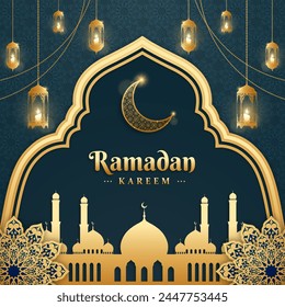 Islamic greetings ramadan kareem card design with crescent and candle lanterns