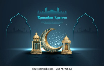 islamic greetings ramadan kareem card design template with lanterns and crescent moon