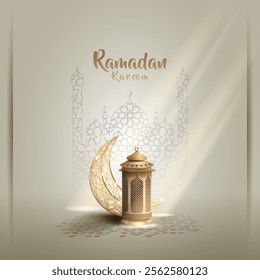 islamic greetings ramadan kareem card design with unique lanterns and crescent moon