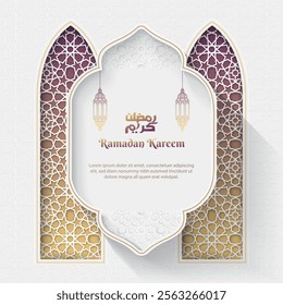 islamic greetings ramadan kareem card design with lanterns and luxury islamic decorative ornament background