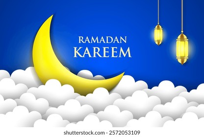 Islamic greetings ramadan kareem card design background with lantern and crescent moon. vector illustration