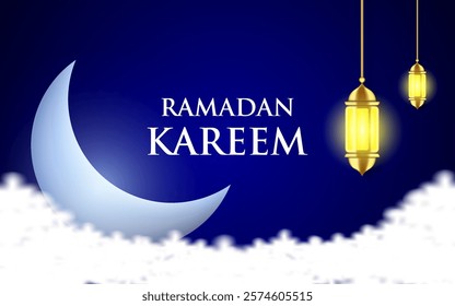 Islamic greetings ramadan kareem card design background with lantern and crescent moon. vector illustration