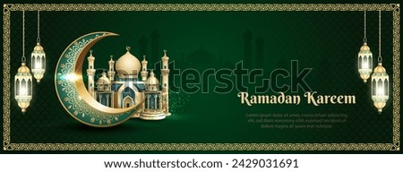 islamic greetings ramadan kareem card design with beautiful mosque, lanterns, crescent
