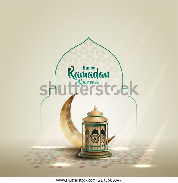 islamic greetings ramadan kareem card design with\
crescent and lantern