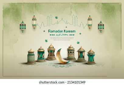 Islamic greetings ramadan kareem template design with beautiful lanterns and crescent moon