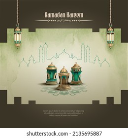 islamic greetings ramadan kareem template design with beautiful three lanterns