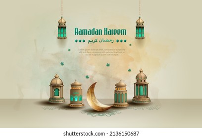 islamic greetings ramadan kareem template design with beautiful crescent moon and lanterns