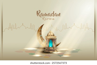 islamic greetings ramadan kareem template design with beautiful crescent and lantern