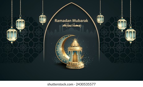 diseño de la tarjeta de ramadán mubarak con luna creciente y linternas