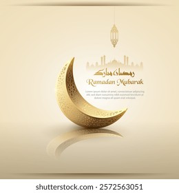 Islamic greetings ramadan mubarak card design with golden crescent moon