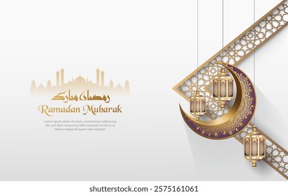 islamic greetings ramadan mubarak template design with islamic decoration, lanterns and crescent moon