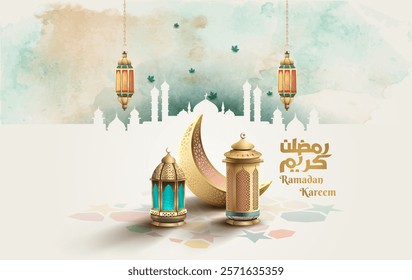 islamic greetings ramadan template design with islamic decoration, lanterns and crescent moon