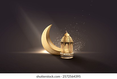 islamic greetings template design with beautiful golden crescent moon and lantern