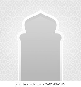 Fundo cinza islâmico com quadro de arco de mesquita e padrão geométrico árabe, modelo de design minimalista elegante para Ramadã, Eid e ilustração de vetor de cartaz religioso