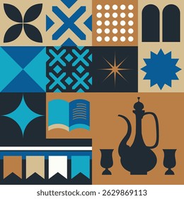 Islamic grid layout with palm tree, window arch, star motifs in modern vector format. Cultural and decorative design.