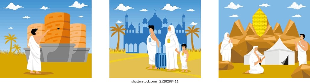 Hajj islámico. Congregación de familias musulmanas vestidas con ropa de ihram con maletas. Los musulmanes descansan en tiendas de campaña durante la peregrinación islámica. Conjunto de ilustración moderna de Vector plano