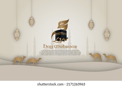 Islamic Hajj Mabroor Template  the celebration of Muslim Paper Cut Style. With Kaaba 3d 