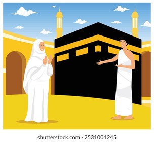 Islamic Hajj. Muslims perform the Islamic Hajj Pilgrimage. Male and Female Hajj figures wearing ihram clothing. flat vector modern illustration 