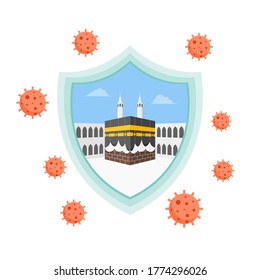 Islamic Hajj Pilgrimage Is Canceled Due To Pandemic Covid-19. Flat Style Vector Illustration Of Kaaba In Al-Haram Mosque Mecca Is Protected From Coronavirus Outbreak. Eid Adha Mubarak.