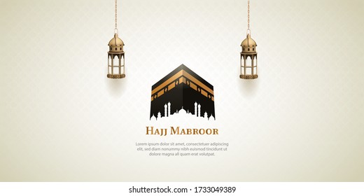 islamic hajj pilgrimage card design with two gold lanterns and holy kaaba