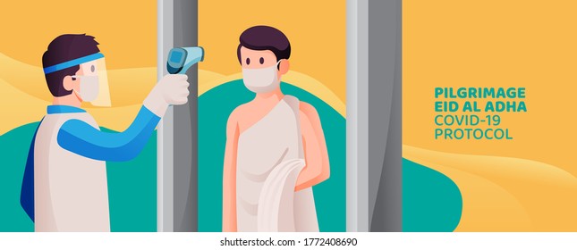 Islamic Hajj Pilgrimage in Eid Al Adha Mubarak with COVID-19 Health Protocol Illustration